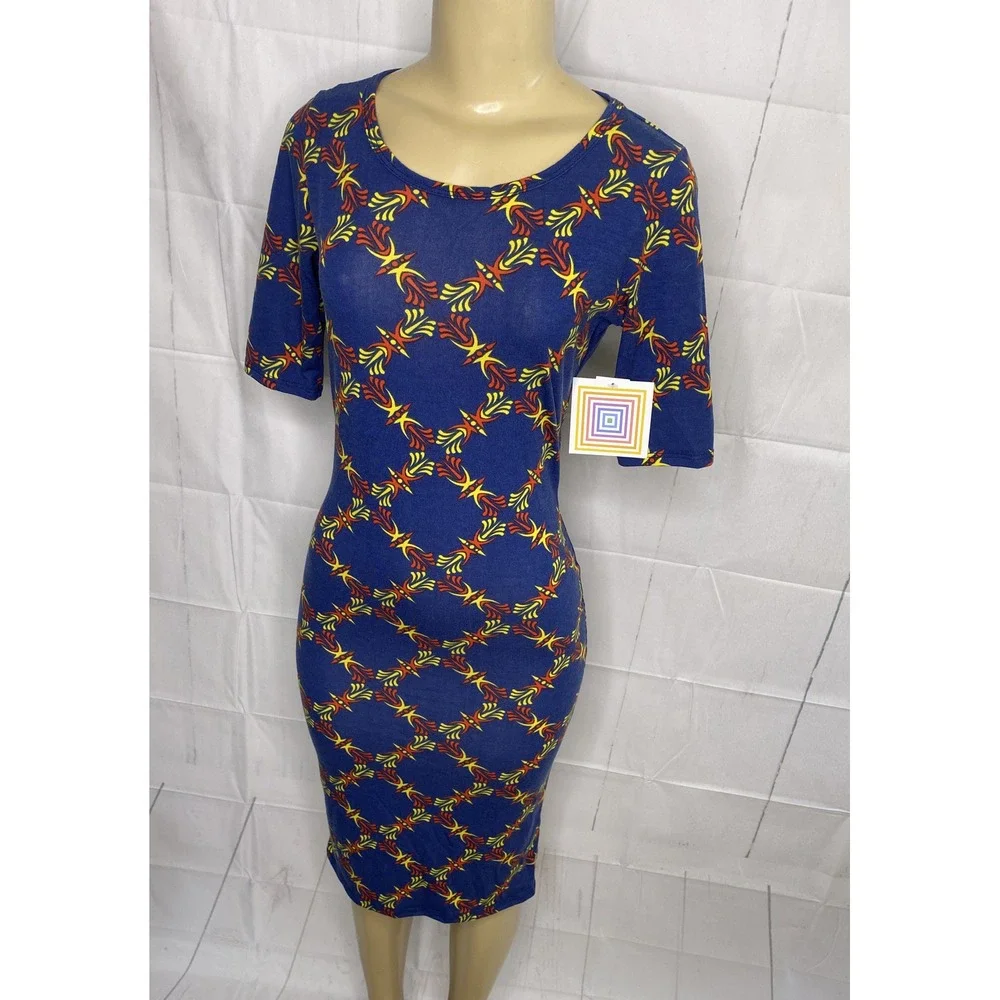 Lularoe Julia‎ Dress Blue Color Print Short Sleeve Boat Neck Midi Women XS NWT